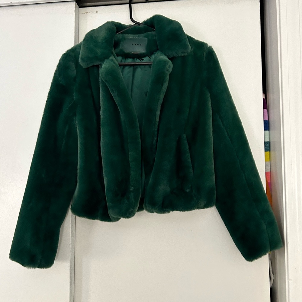Blank NYC Emerald Green Faux Fur Bomber Jacket Cropped S